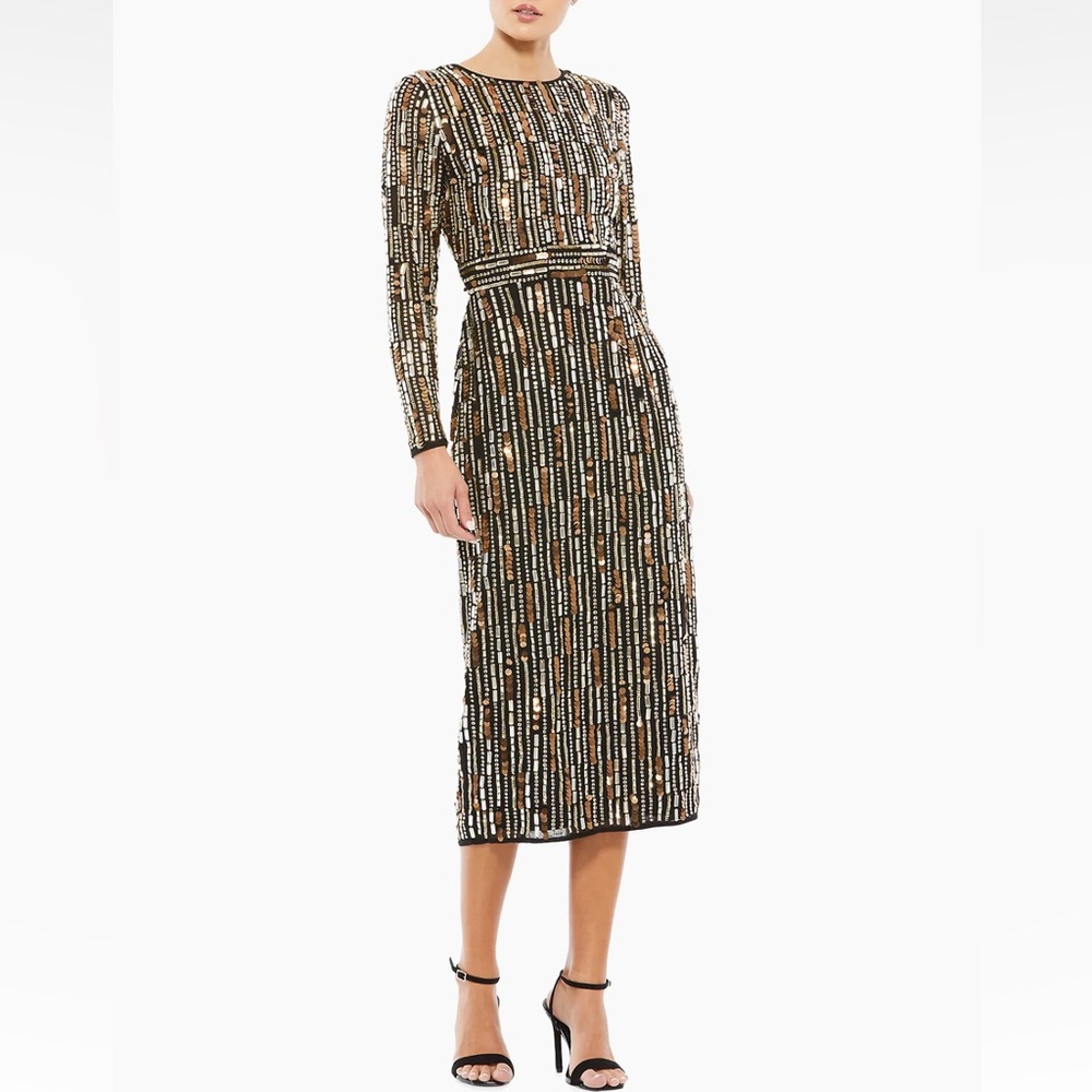 Mac Duggal Long-Sleeved Embellished Midi-Dress